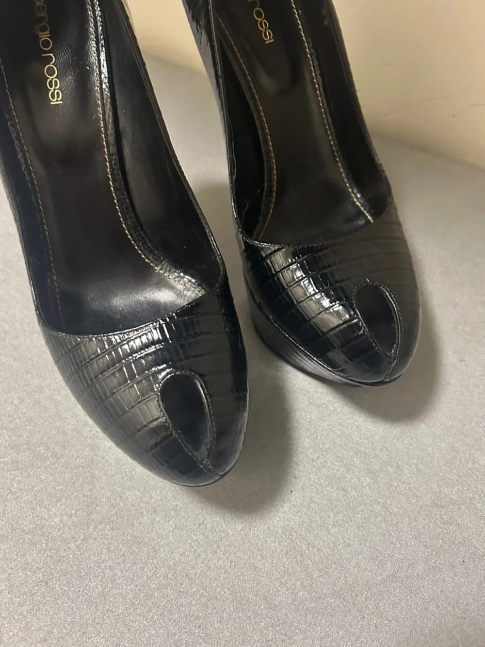 Sergio Rossi Black Patent Croc-Embossed Peep-Toe Heels